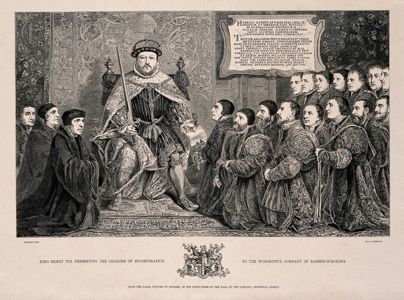Wood engraving showing King Henry VIII granting a Royal charter to the Barber-Surgeons Company. The King is sat on his thrown, elevated from the other men. He holds a sword in one hand, and in the other there is a piece of piece he hands to a man to his left. 