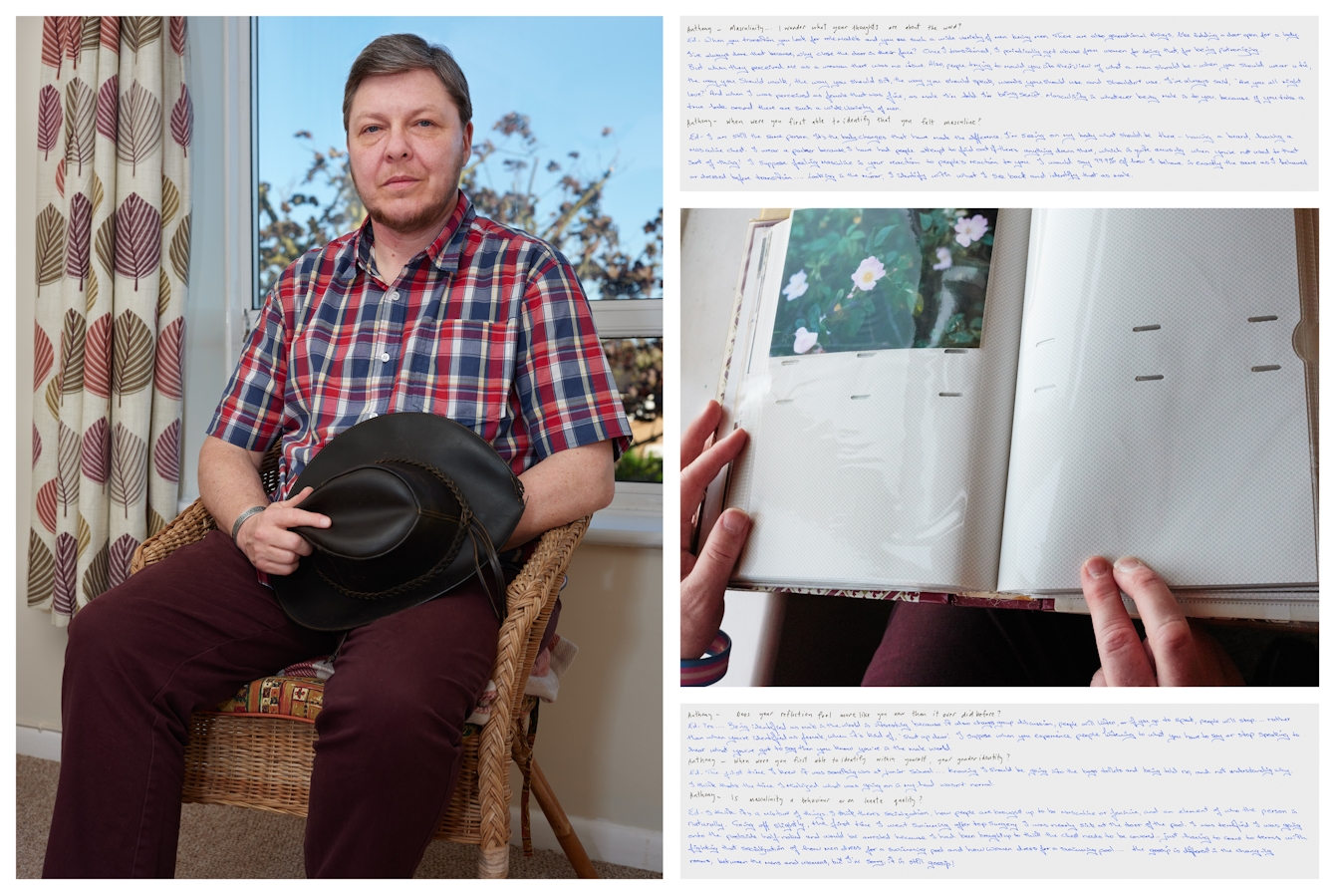 Photograph of an individual sat on a chair in a room, in front of a window. They are looking straight to camera, holding a hat in their hands. Behind them are curtains with a leave motif. To the right of this photograph is another photograph showing a hand holding a family photo. Above and below this image are images of handwritten texts.