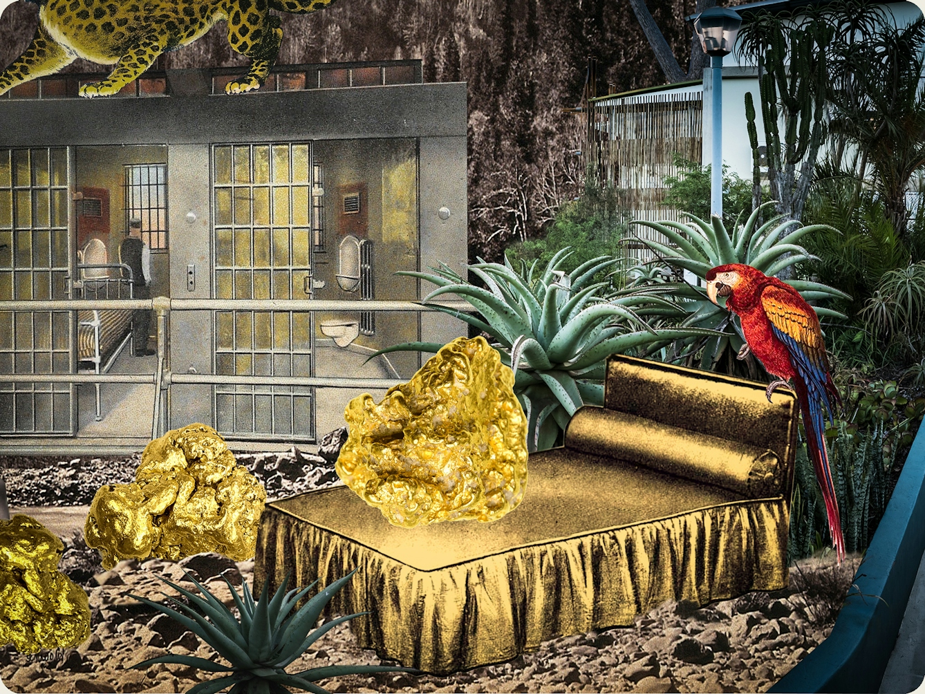 Artwork using collage. The collaged elements are made up of archive material which includes vintage and contemporary photographs, etchings, painted illustrations, lithographic prints and line drawings. This artwork depicts a scene with an urban and rural combined background In the middle distance is a jail-like structure with bars. On top of the jail stands a large leopard. In front of the jail are several large agave plants. To the right is a large gold covered bed with a large gold nugget on top. At the foot of the bed are 2 more golden nuggets. Siting on the headboard is a colourful parrot in red, blue and orange.
