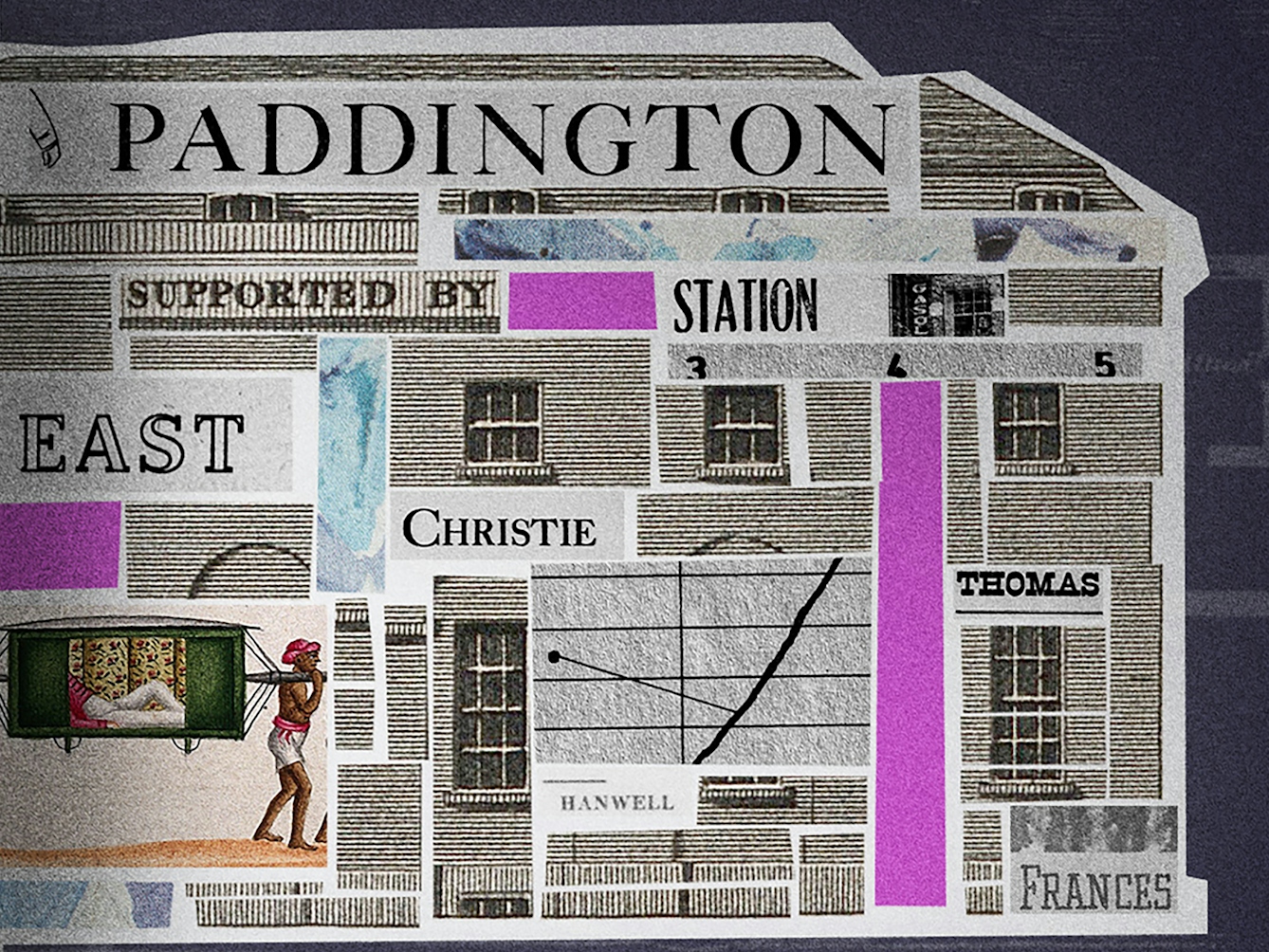 Crop from a larger digital collage. Shown is a building, labelled 'Asylum, Kent Road, London'. The building's interior is filled with different collage elements, including newspaper cut-outs reading 'Asylum... for the... and dumb', 'Paddington', 'Insanity'. There are three different images of the sun in the centre of the asylum. There is a black and white map of India and a number of windows. 