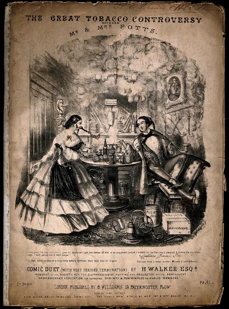A Victorian husband and wife seated in a smokey living rrom surrounded by the husband's smoking paraphernalia