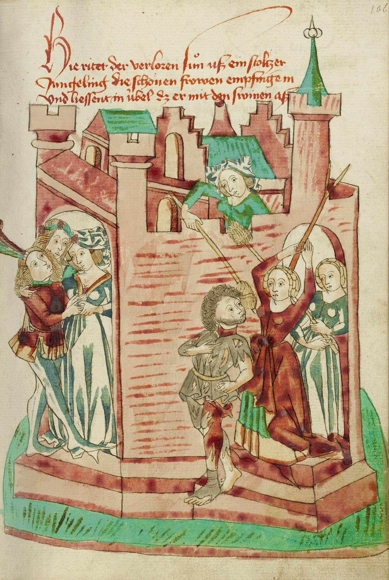 Colour image of a medieval manuscript showing, to the left, a man in lavish clothes embracing two women in a brothel. To the right, there is a man in rags being driven out of the brothel by women wielding brooms and mops. 