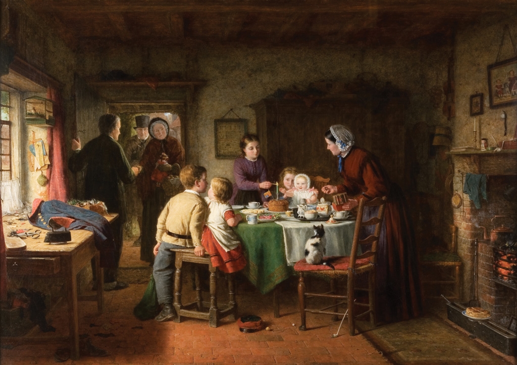 Artwork showing a family gathered around a dining table. A young woman is lighting a candle on a fruit cake, there is a woman and a baby sat behind it. The baby is smiling. 

The table has teapots and mugs on it and there are several other children sat on chairs. To the left of the artwork, there is a door and an older man and woman are coming into the room. 