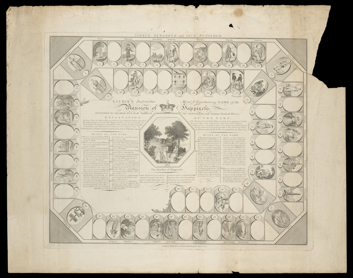 Photograph of an engraving from 1851 which illustrates the layout for a board game, with the rules of the game written in the centre, surrounded by a ring of numbered tiles.