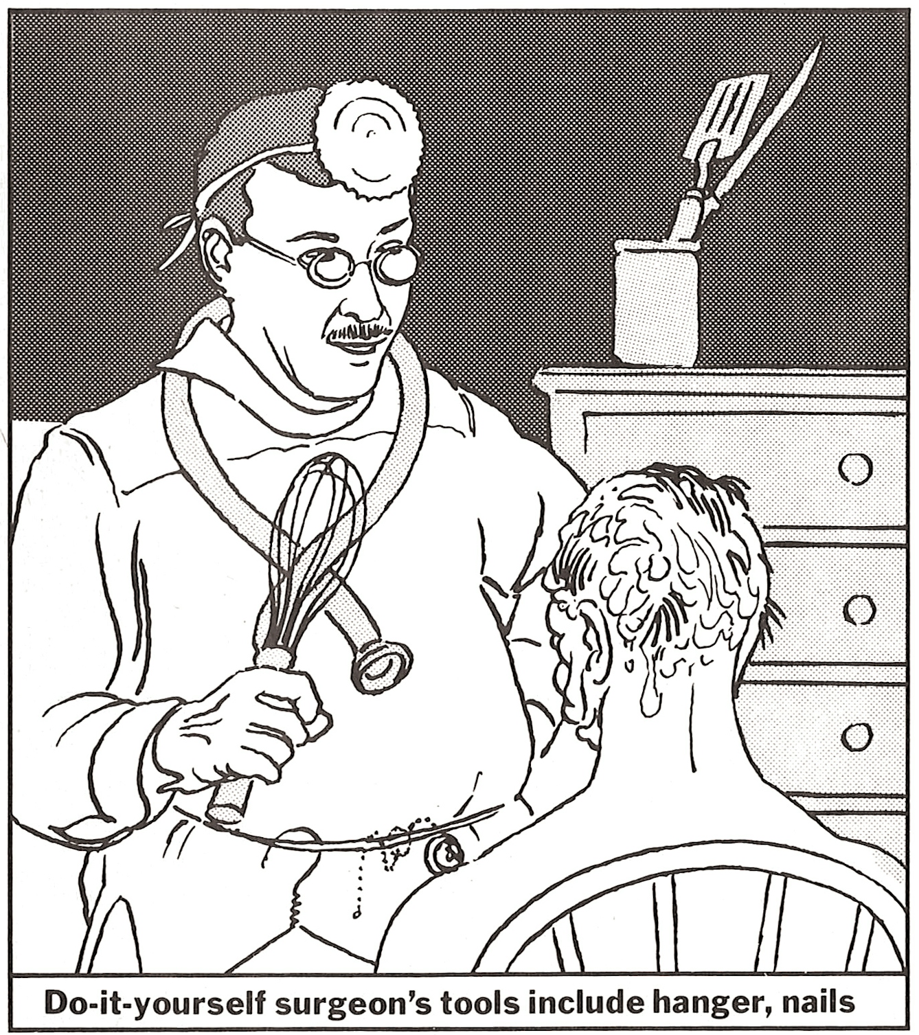 A cartoon of a doctor operating with a kitchen whisk