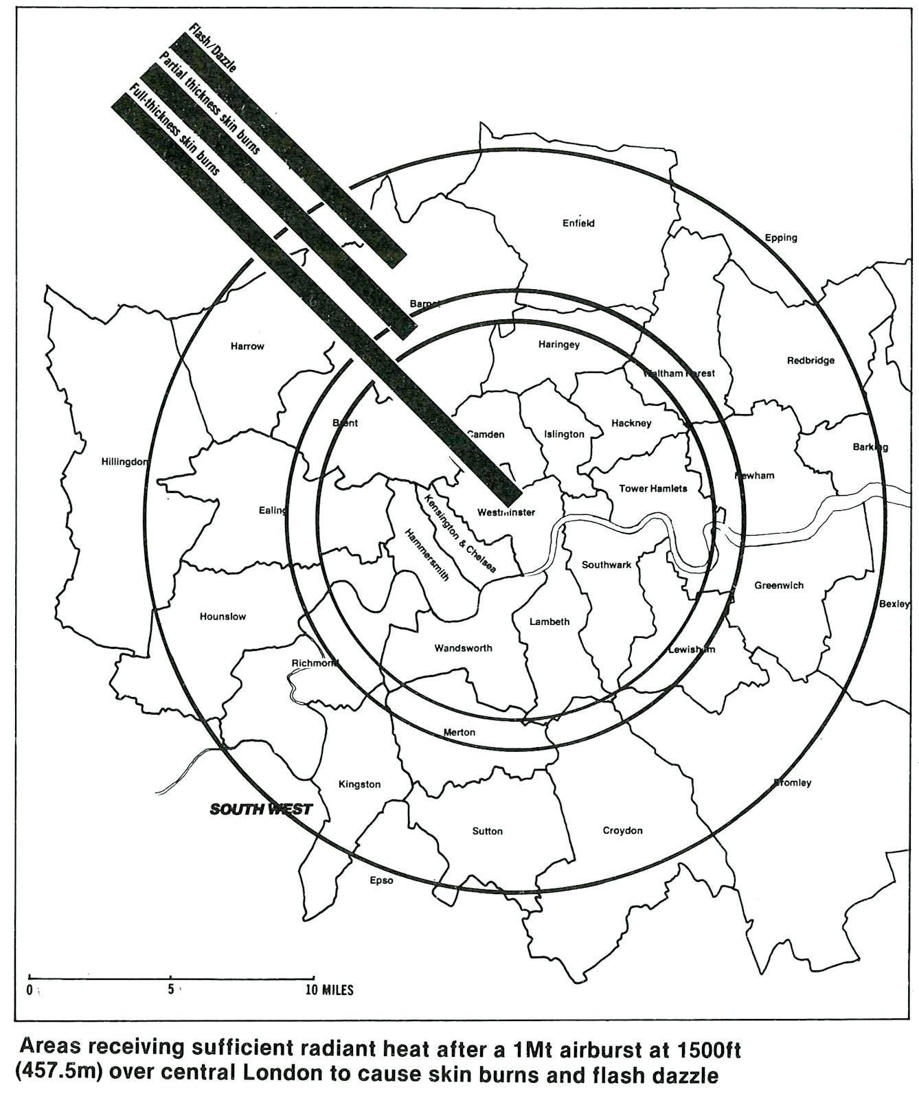 A map showing the consequences of a nuclear blast over central London