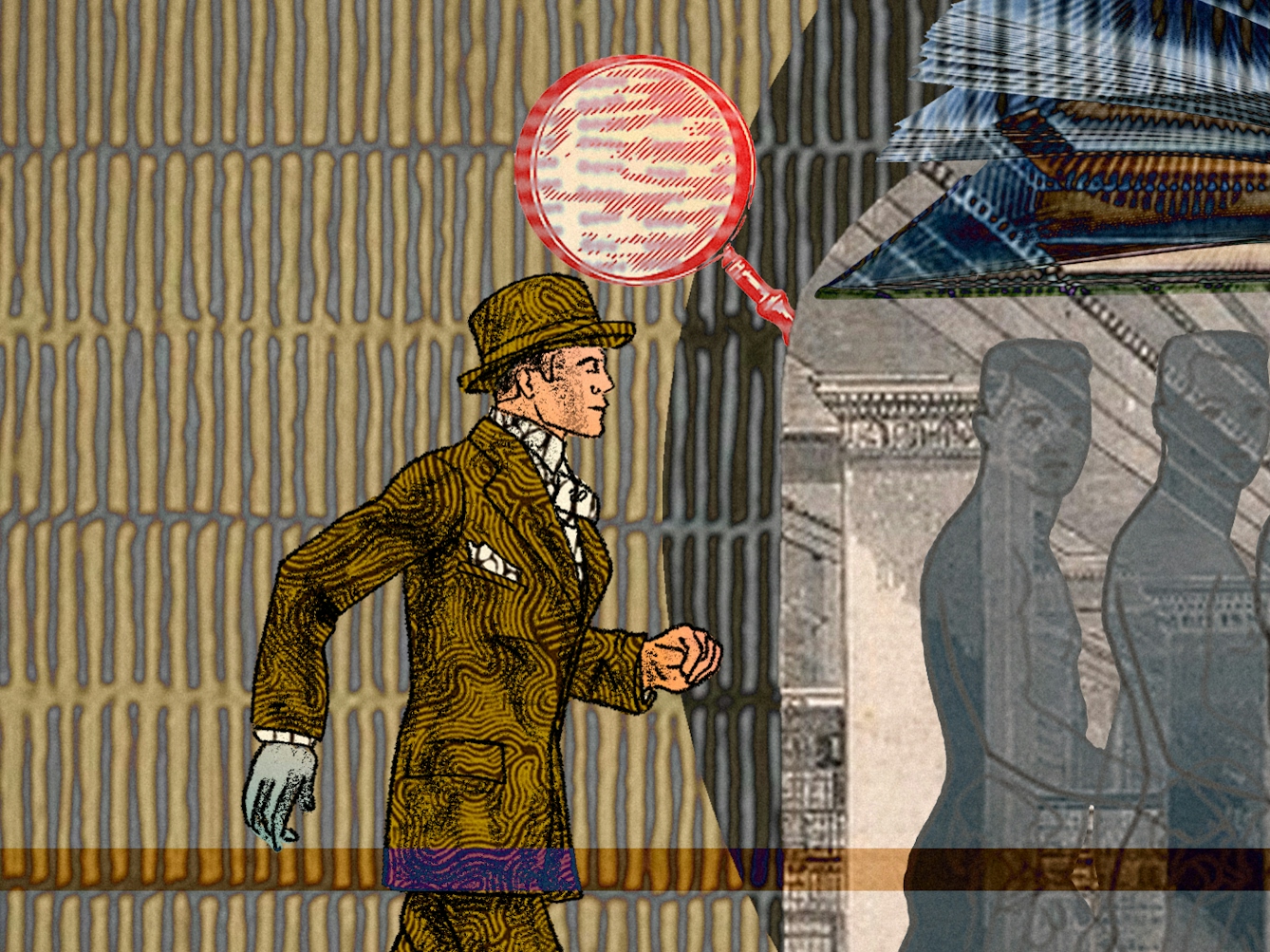 An abstract digital illustration depicting a young Victorian man walking into the entrance of a library and being transformed. In the background is an archive image of a place of learning, decorated with magnifying glasses as ornaments and open book.