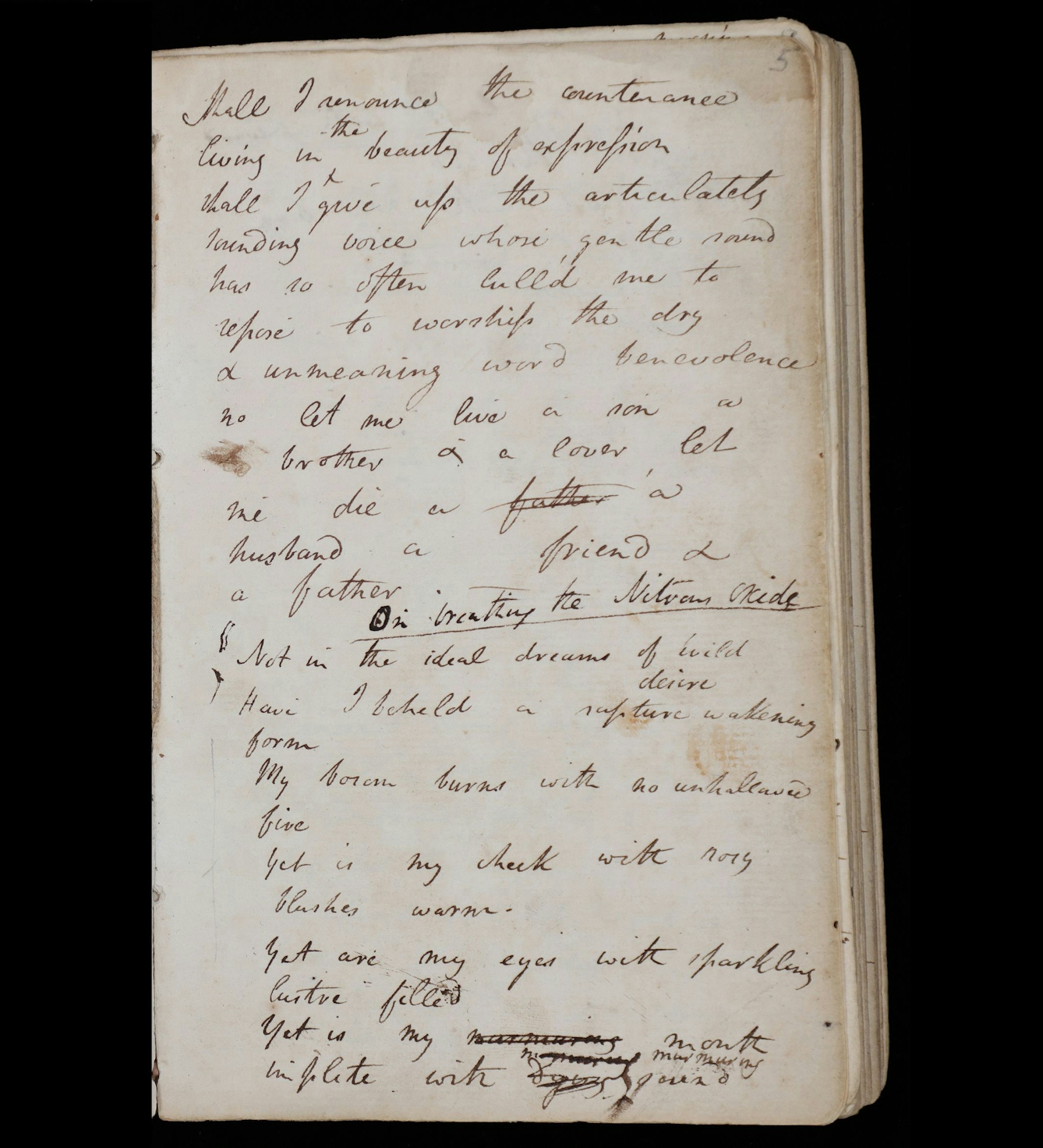 A hand written page from one of Humphry Davy's scientific notebooks about his research on nitrous oxide. Half way down is a poem entitled 'On Breathing the Nitrous Oxide' that may or may not have been written while he was intoxicated by the gas.