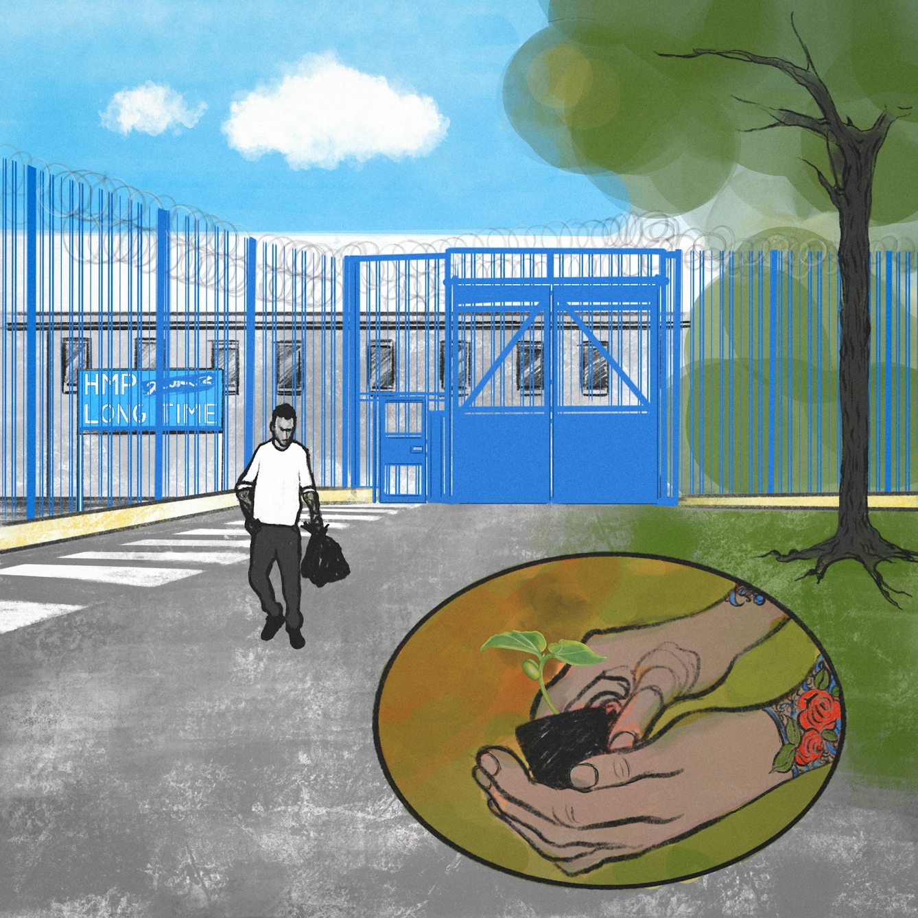 A digital illustration of a figure walking away from a prison gate on the left of frame, towards the green lawns and trees on the right of frame. In the bottom right there is an illustration of hands holding a small seedling ready to be planted, the person has tattooed arms showing blossoming flowers.