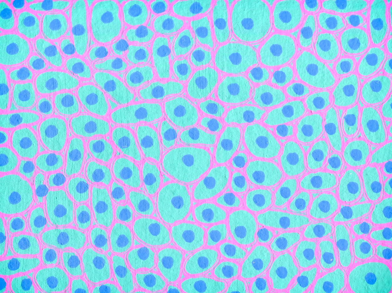 Artwork created by painting over the surface of a black and white photographic print with colourful paint. The artwork shows a painted cyan background covered in small blue dots and purple lines forming cell like structures around the blue dots. The texture of the paint can be seen.