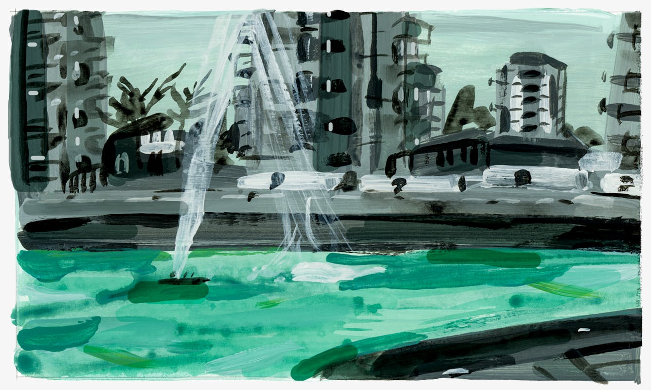 Painted artwork with vivid saturated colours. The scene shows an abstract landscape showing a built up landscape. In the distance are grey concrete high rise housing constructions. The foreground is taken over with a large green water feature with a large fountain in the centre spraying out white water.