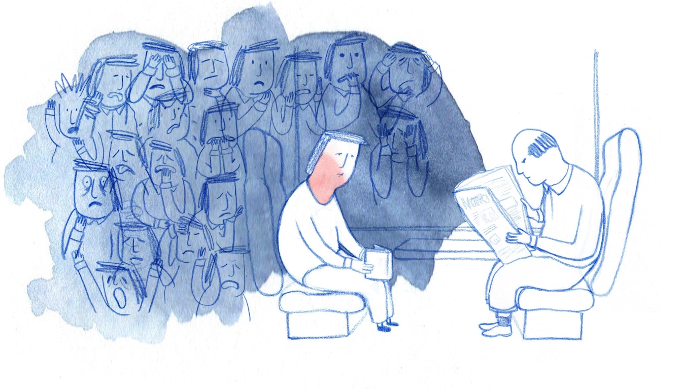 Hand-drawn illustration depicting a man suffering from anxiety whilst sitting on a train opposite a stranger reading a newspaper. His face is red with embarrassment as he tries to focus on reading a book. A group of people looking worried, stressed and under pressure are depicted in his thoughts.