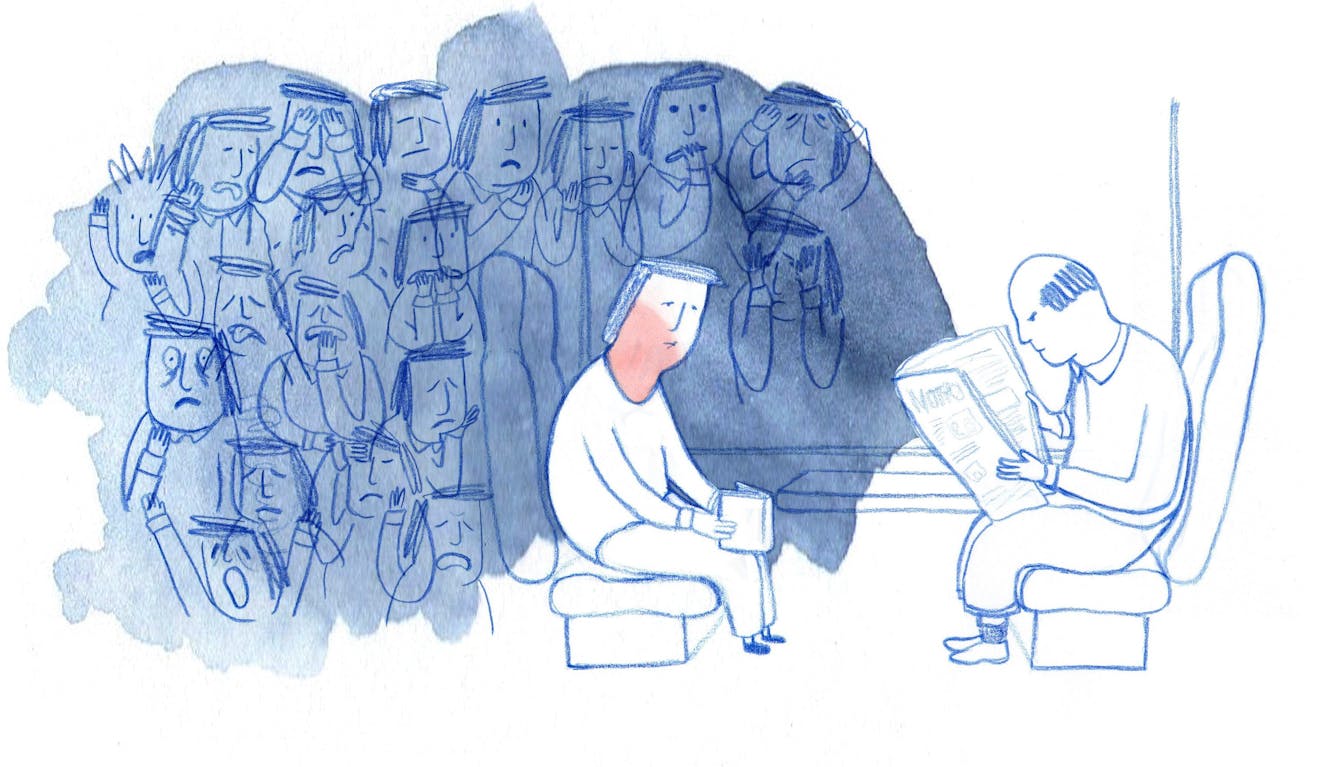 Hand-drawn illustration depicting a man suffering from anxiety whilst sitting on a train opposite a stranger reading a newspaper. His face is red with embarrassment as he tries to focus on reading a book. A group of people looking worried, stressed and under pressure are depicted in his thoughts. 