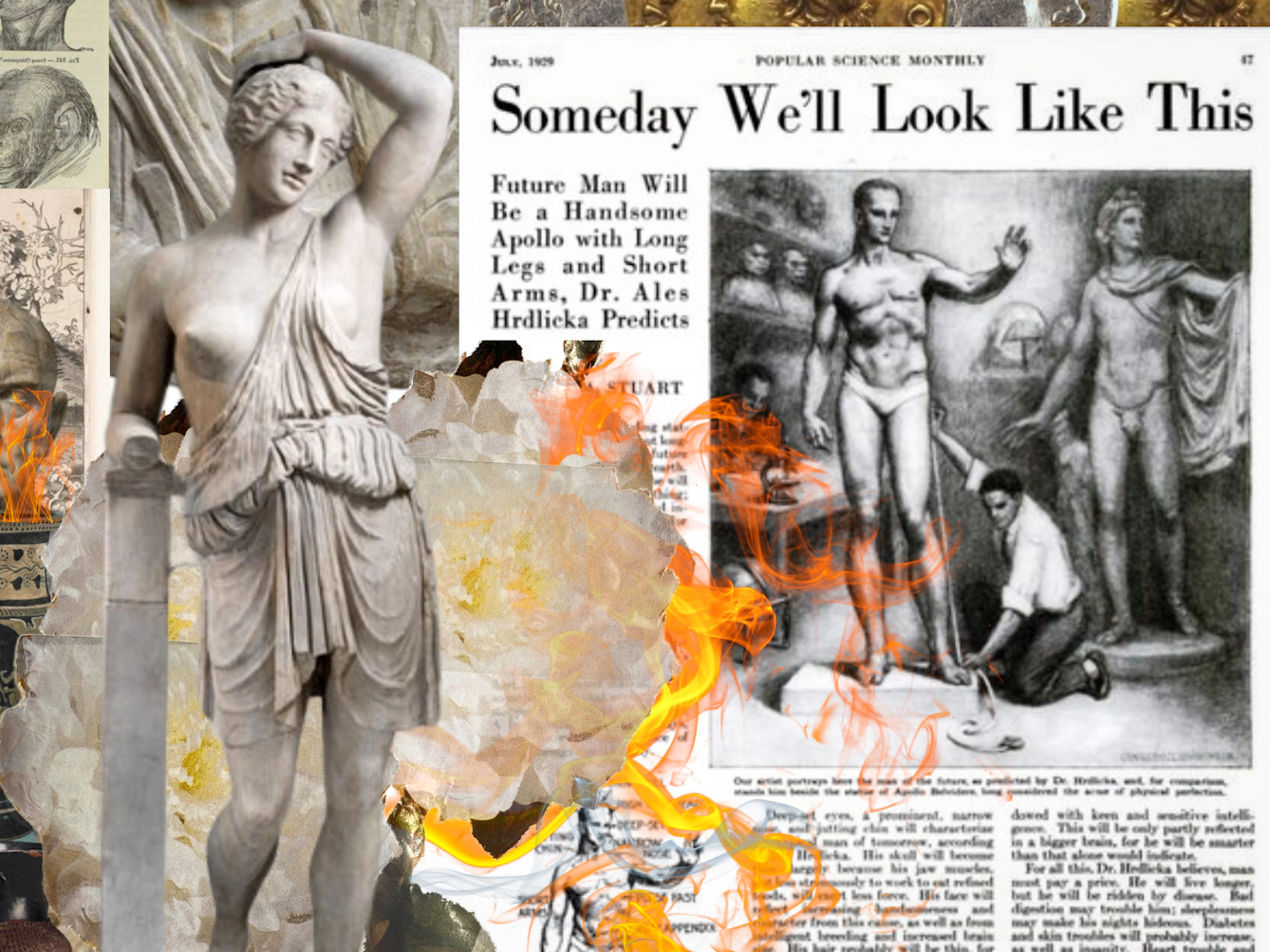 Detail from a larger digital montage artwork using a collage of archive material, photographs and paintings. The artwork is full of content comprising elements which have been cut-out and layered on top of each other and around each other. The material includes oil pairings, statues, newspaper clippings, drawings from text books and coins, all representing the human form in one way or another.