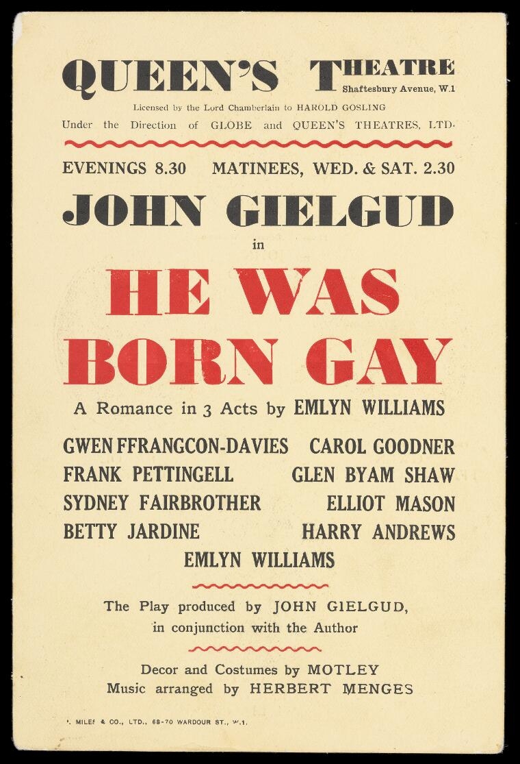 Poster advertising the play 'He was born gay' featuring bold text in red and black on a beige background