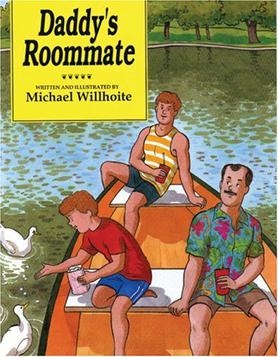 Colour book cover image for 'Daddy's Roomate' featuring two men and a boy in a rowing boat