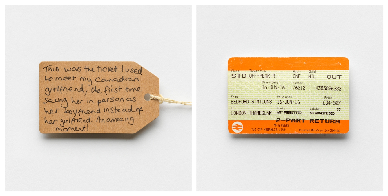 Photographic diptych showing a handwritten brown card label on the left and a UK train ticket on the right.