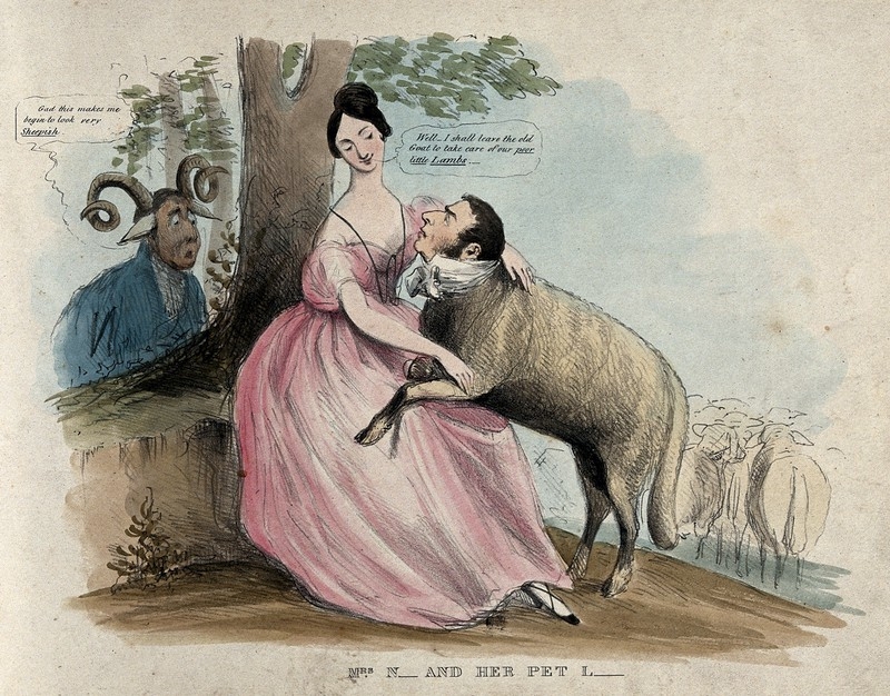 Image of a satirical coloured lithograph featuring a women embracing a man with the body of a sheep with a sad-looking man with ram's horn looking on.
