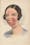 Photograph of an illustration showing the head and shoulders of a woman in a bonnet with red acne marks on her face.