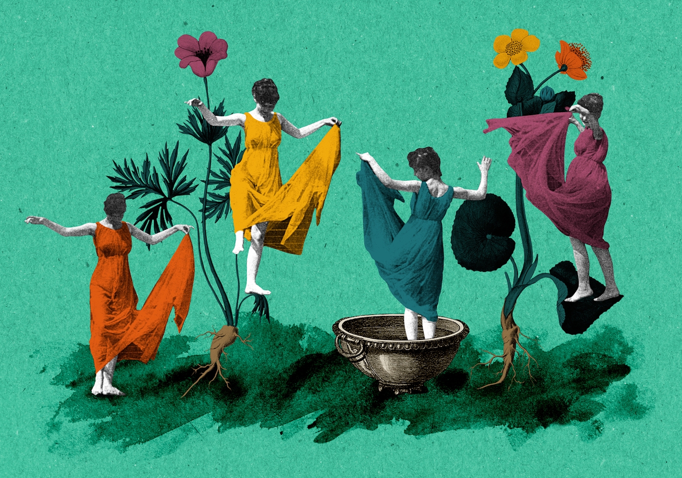 Mixed media collage of four women dancing whilst holding their long dresses away from their feet. Two of the figures are dancing on a large flowers, whilst a third central figure is standing inside a large bowl. The image has been created from colourised black and white assets using orange, blue, yellow and purple, and sits on a green background.