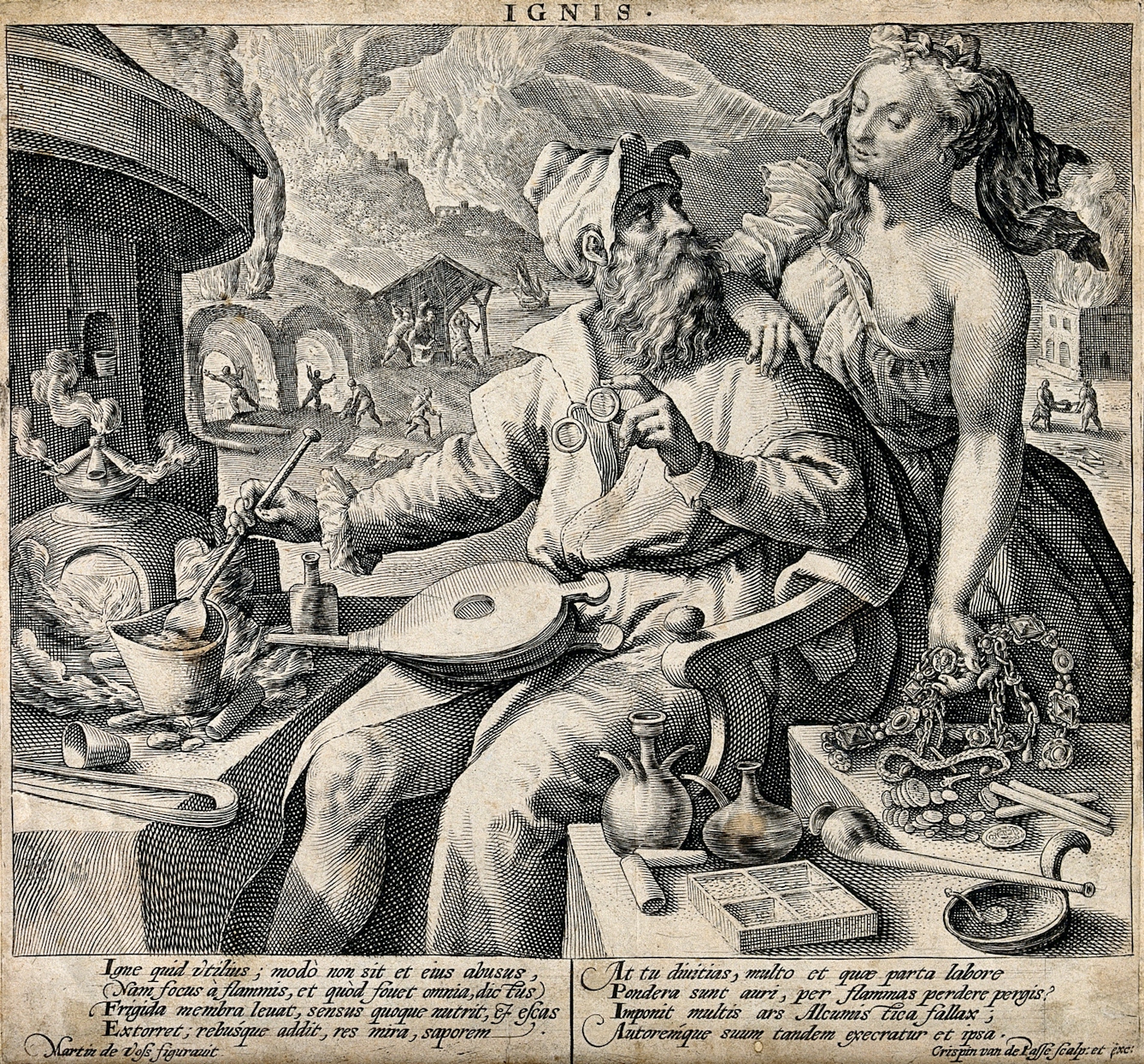 A 16th-century alchemist being warned of the dangers of alchemy by Prudentia