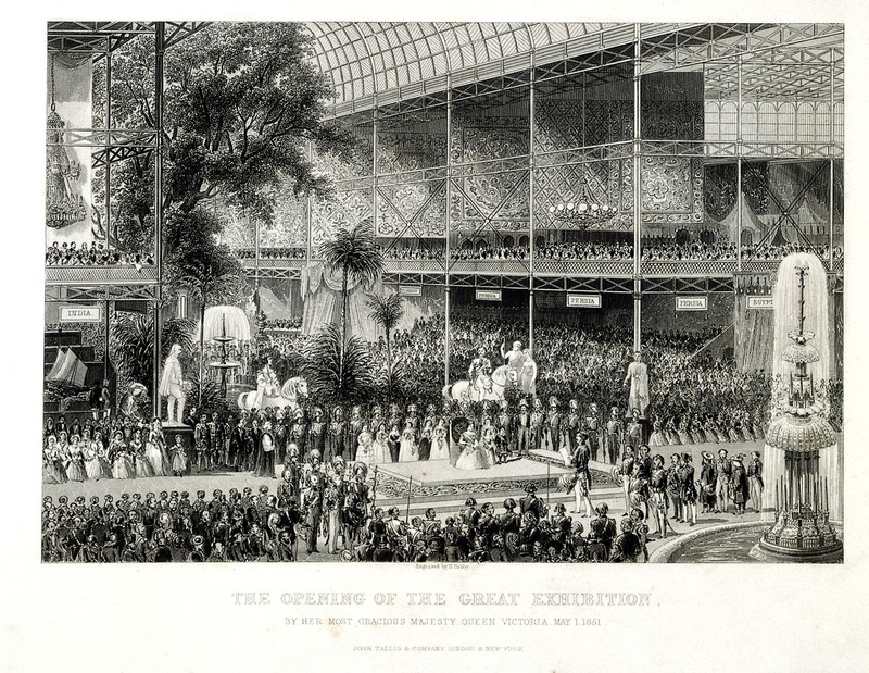Engraving depicting the inside of crystal palace in Hyde Park with large crowds 