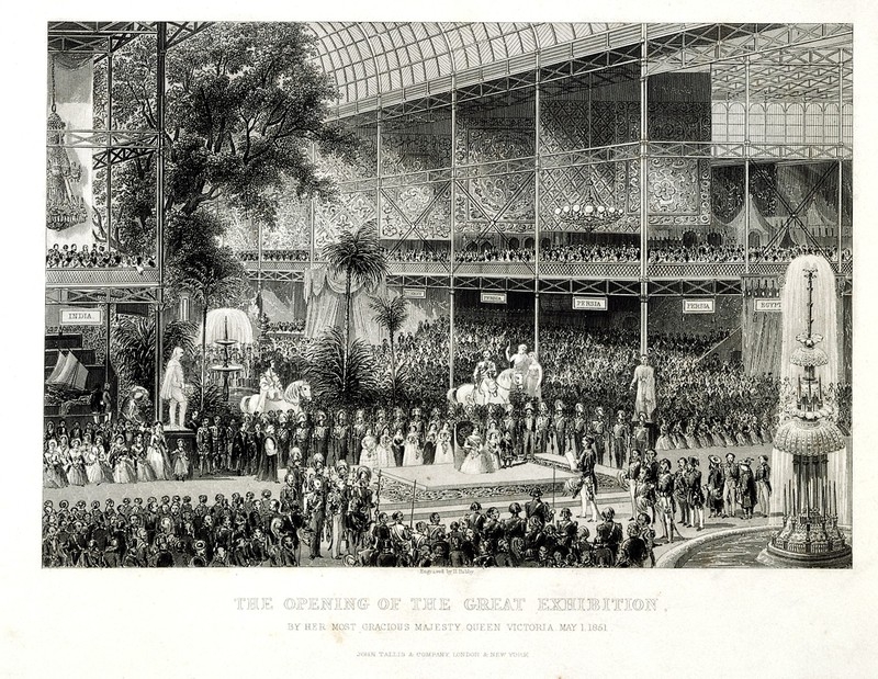 Engraving depicting the inside of crystal palace in Hyde Park with large crowds