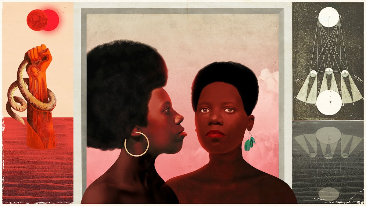 Mixed media digital artwork combining found imagery from vintage magazines and books with painted and textured elements. The overall hues are reds and oranges, with elements of subtle greens. At the centre of the artwork are two young black women pictured from the shoulders up. One is looking straight out at the viewer with an earring in her left ear made up of a cluster of hanging green feathers. The other woman, placed to the left is pictured in profile looking towards the right. She has a large golden hooped earring in her right ear. They both have a strong confident expression on their faces. Behind them is a graduated pink and yellow/green sky containing fluffy clouds. They are both set within a square bevelled frame. To the left side of the women is a seascape with a forearm thrusting vertically out of the water. The fist is clenched, holding the body of a snake which wraps around the forearm. The head of the snake cannot be seen. In the sky above the fist are two moon-like orbs overlapping each other, both are a vibrant red colour. To the right side of the women is a monotone nighttime seascape with a yellow/green hue. In the sky is a diagram of the sun showing how the rays of light illuminate the orbiting moon and the shadows cast on the earth. The diagram is reflected in the water of the sea.