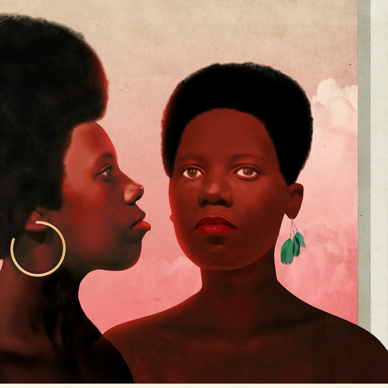 Mixed media digital artwork combining found imagery from vintage magazines and books with painted and textured elements. The overall hues are reds and oranges, with elements of subtle greens. At the centre of the artwork are two young black women pictured from the shoulders up. One is looking straight out at the viewer with an earring in her left ear made up of a cluster of hanging green feathers. The other woman, placed to the left is pictured in profile looking towards the right. She has a large golden hooped earring in her right ear. They both have a strong confident expression on their faces. Behind them is a graduated pink and yellow/green sky containing fluffy clouds. They are both set within a square bevelled frame. To the left side of the women is a seascape with a forearm thrusting vertically out of the water. The fist is clenched, holding the body of a snake which wraps around the forearm. The head of the snake cannot be seen. In the sky above the fist are two moon-like orbs overlapping each other, both are a vibrant red colour. To the right side of the women is a monotone nighttime seascape with a yellow/green hue. In the sky is a diagram of the sun showing how the rays of light illuminate the orbiting moon and the shadows cast on the earth. The diagram is reflected in the water of the sea.