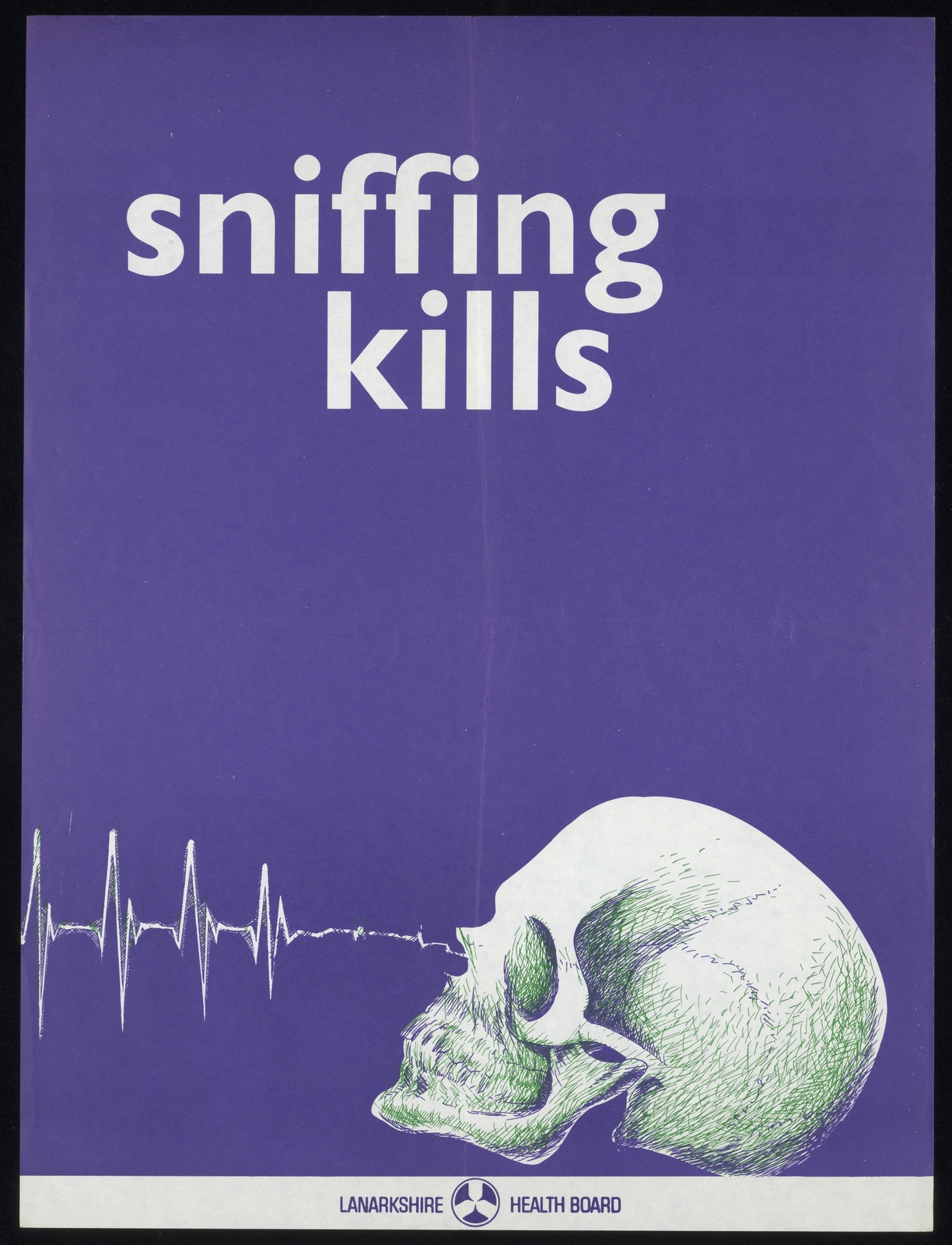 Bright purple poster with an illustration of a skull and the slogan, Sniffing Kills.