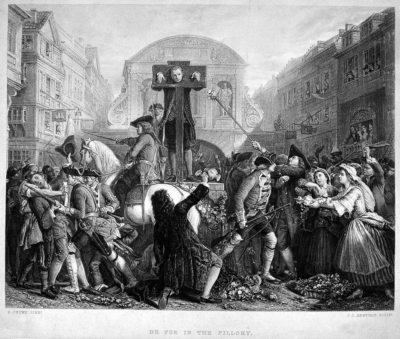 Black and white etching featuring a man with his head and hands trapped in a pillory on a platform. A crowd jeer from below