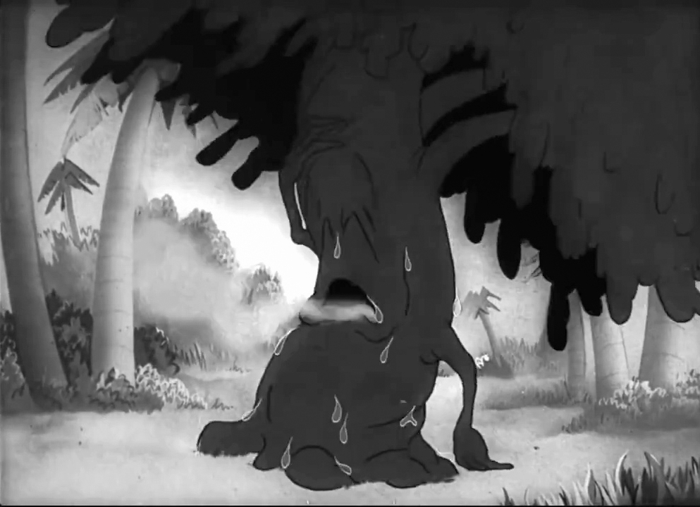 Black and white still image from the film 'Private SNAFU vs. Malaria Mike', showing an anthropomorphised tree wilting and sweating after having been stung by Malaria Mike.