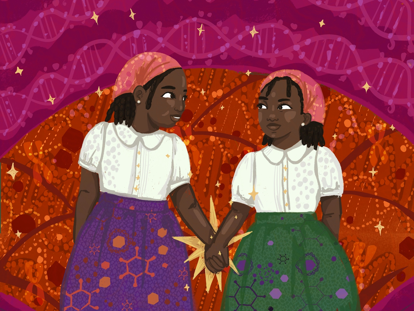 An illustration of two young black girls looking at each other while holding hands. Both are wearing head scarves and skirts with patterns of biological cells and structures. In the background are representations of DNA strands and chromosomes.