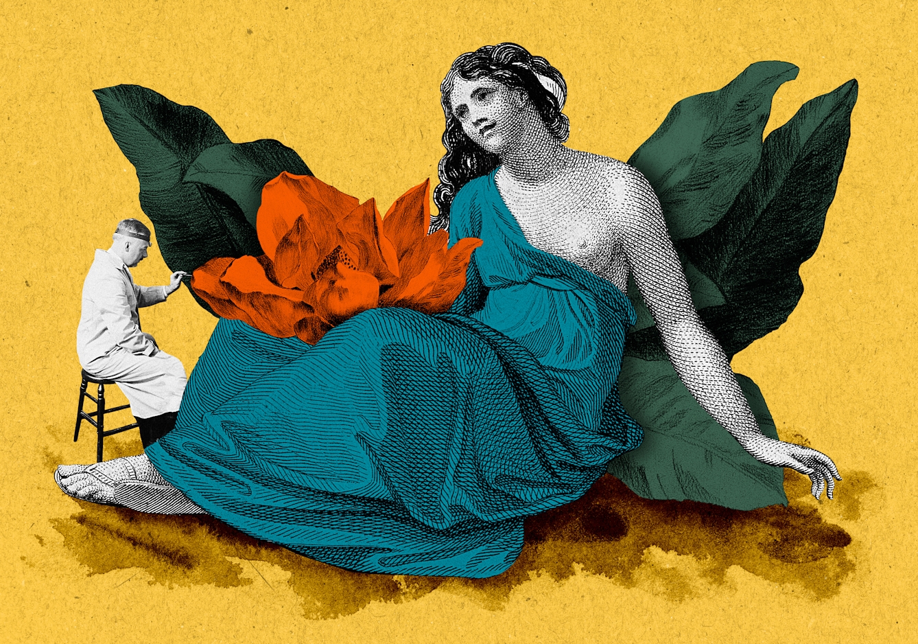 Mixed media collage of a Greco-Roman figure of a woman being examined by a doctor. The woman is sitting, partly cloaked, and showing part of her torso as she leans backwards. On her lap is a large flower. The image has been created from colourised black and white assets using orange, blue and green tones, and sits on a yellow background where the floor has been painted with watercolour.