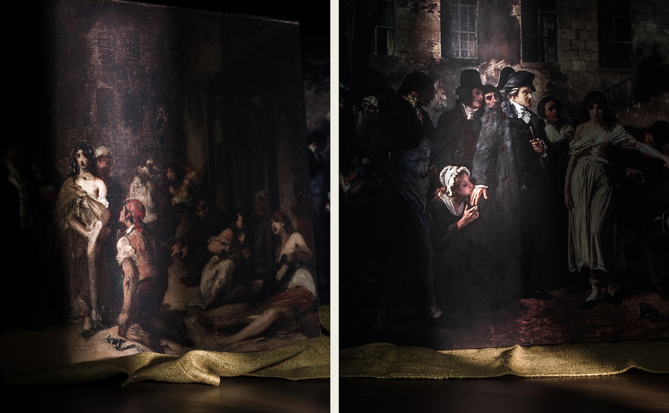 Photographic diptych showing two oils paintings. The image on the left shows a section of an oil painting resting on a hessian sheet. A shaft of light reveals a section of the painting showing a woman standing with her clothes falling off one shoulder, a man kneeling in front of her. The image on the right shows a section of an oil painting resting on a hessian sheet. A shaft of light reveals a section of the painting showing a woman kneeling and kissing the hand of a standing man.
