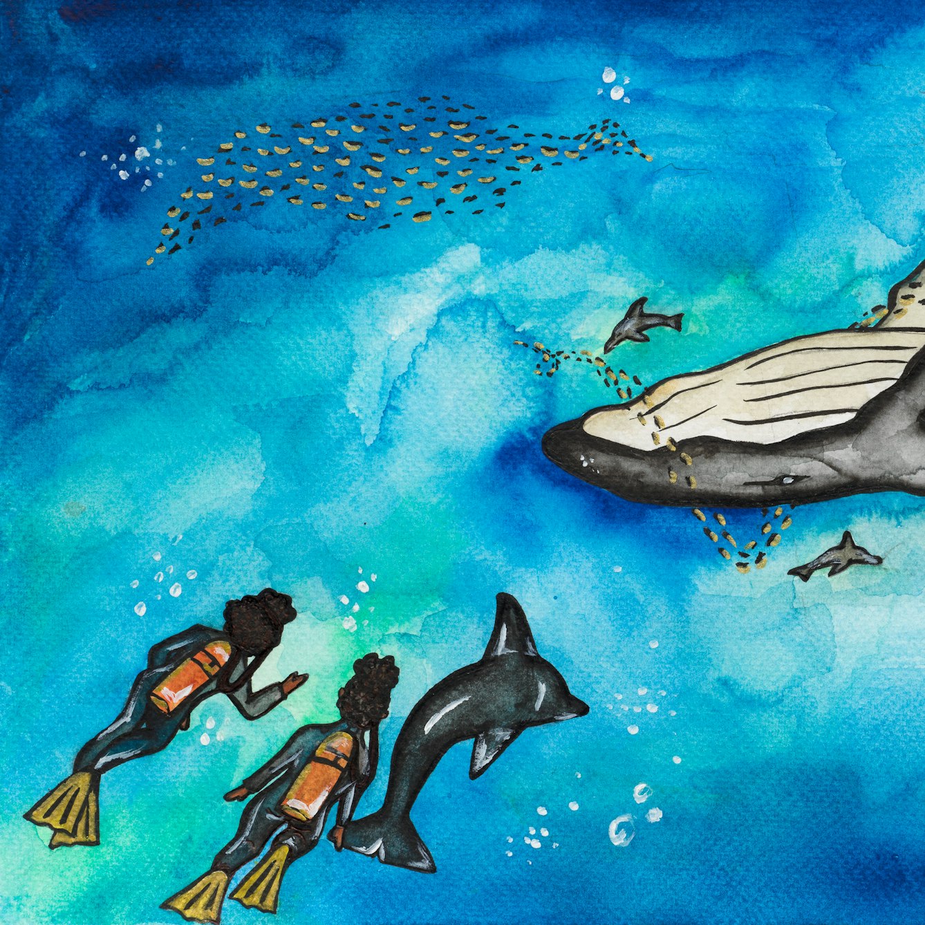 A colourful watercolour artwork. The artwork shows an underwater scene with a whale in the centre. A shoal of small fish are swimming around the whale. There are two other shoals of small fish to the left and the right of the whale. In the bottom left of the scene there are two figures with scuba diving equipment of flippers and oxygen tanks. There is a dolphin swimming alongside them. 