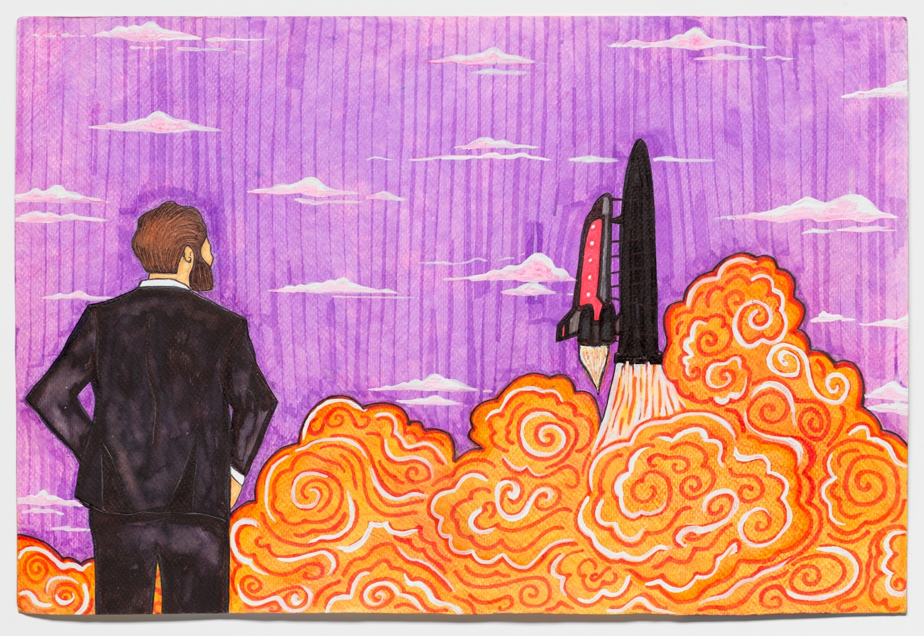 Colourful artwork made with paint and ink on textured watercolour paper. The artwork shows a white man with a beard in a black suit standing with his hands on his hips look away from us to a scene where a large black and red space shuttle has just taken off. Large plumes of swirling orange smoke billow out from the space craft's rockets, filling the foreground of the scene. The sky behind in a light purple in colour with small elongated clouds.