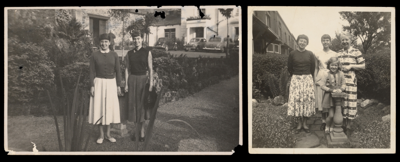 Photograph of two black and white archive photographs, each with a narrow white border. Both images show a group photograph, the groups standing in a garden setting. The group on the left comprises 3 adults and one small child, probably spanning 3 generations. The group on the right show two young adults.