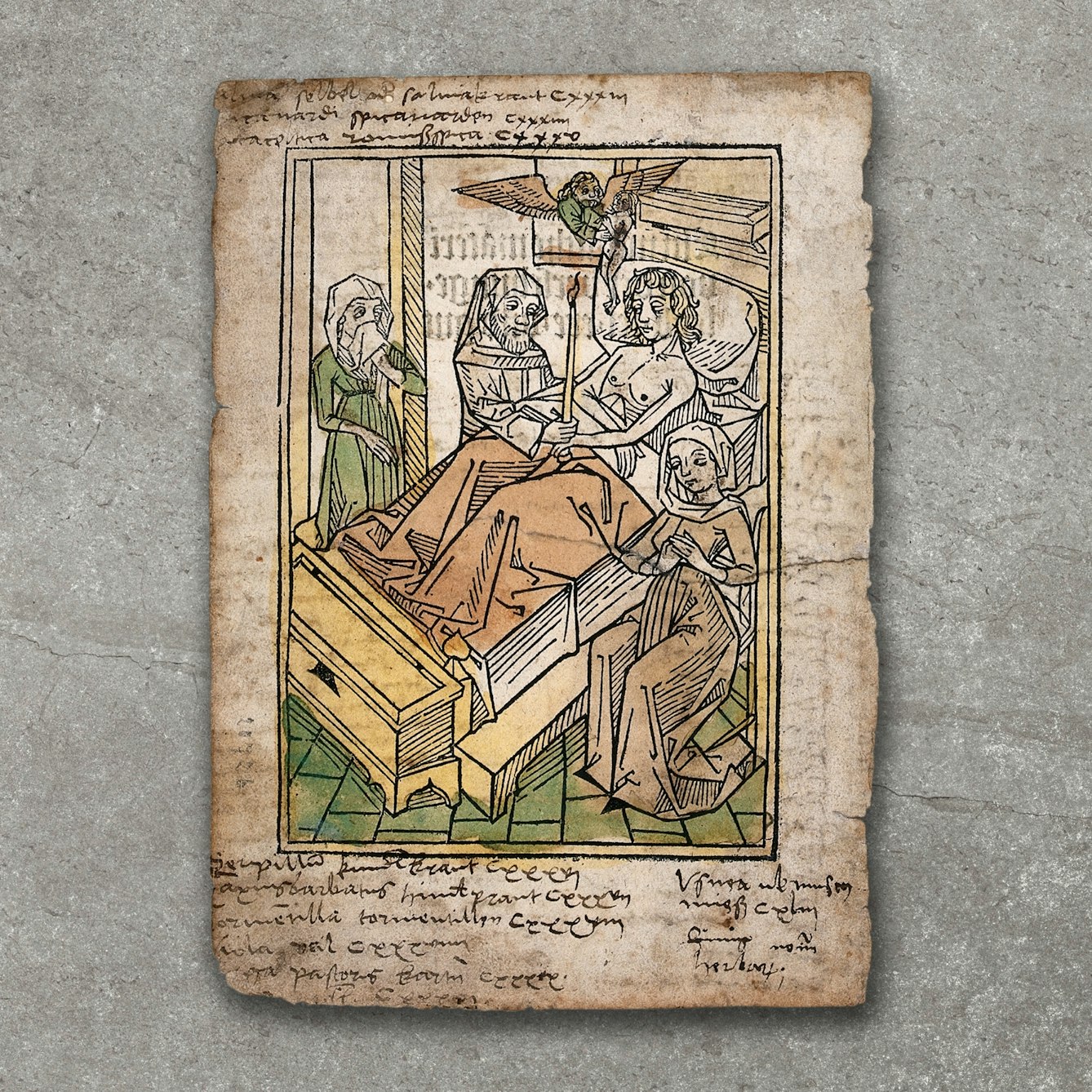 Photograph of a woodcut image, showing a man lying in bed surrounded by a priest and two women. The print is resting on a grey textured concrete background, raised slightly off the surface.
