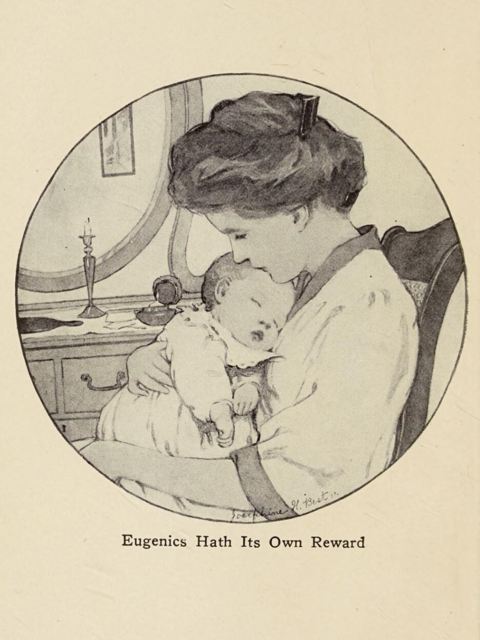 Black and white image of a woman holding a young sleeping baby.