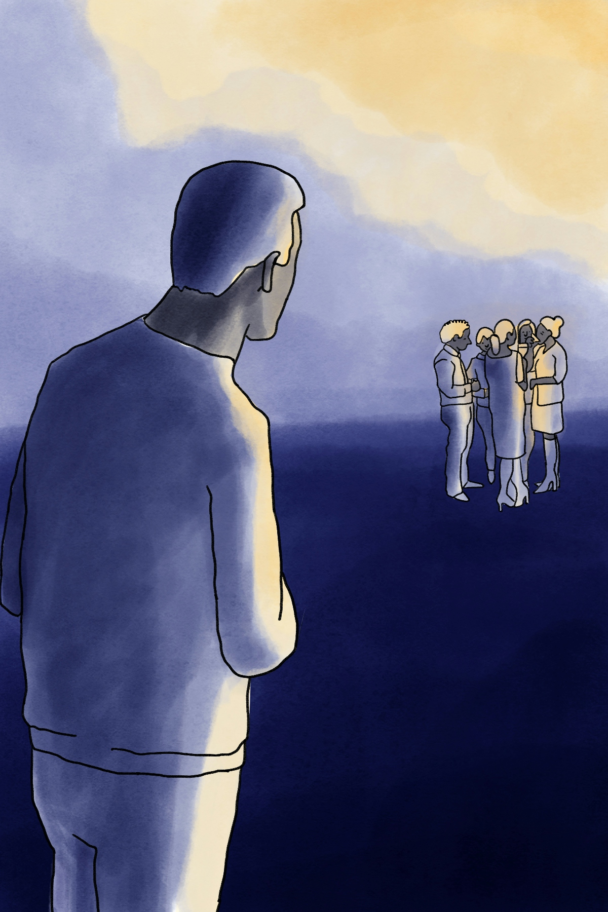Illustration of a person standing in the foreground who appears reluctant to join a group of five other people in the distance.