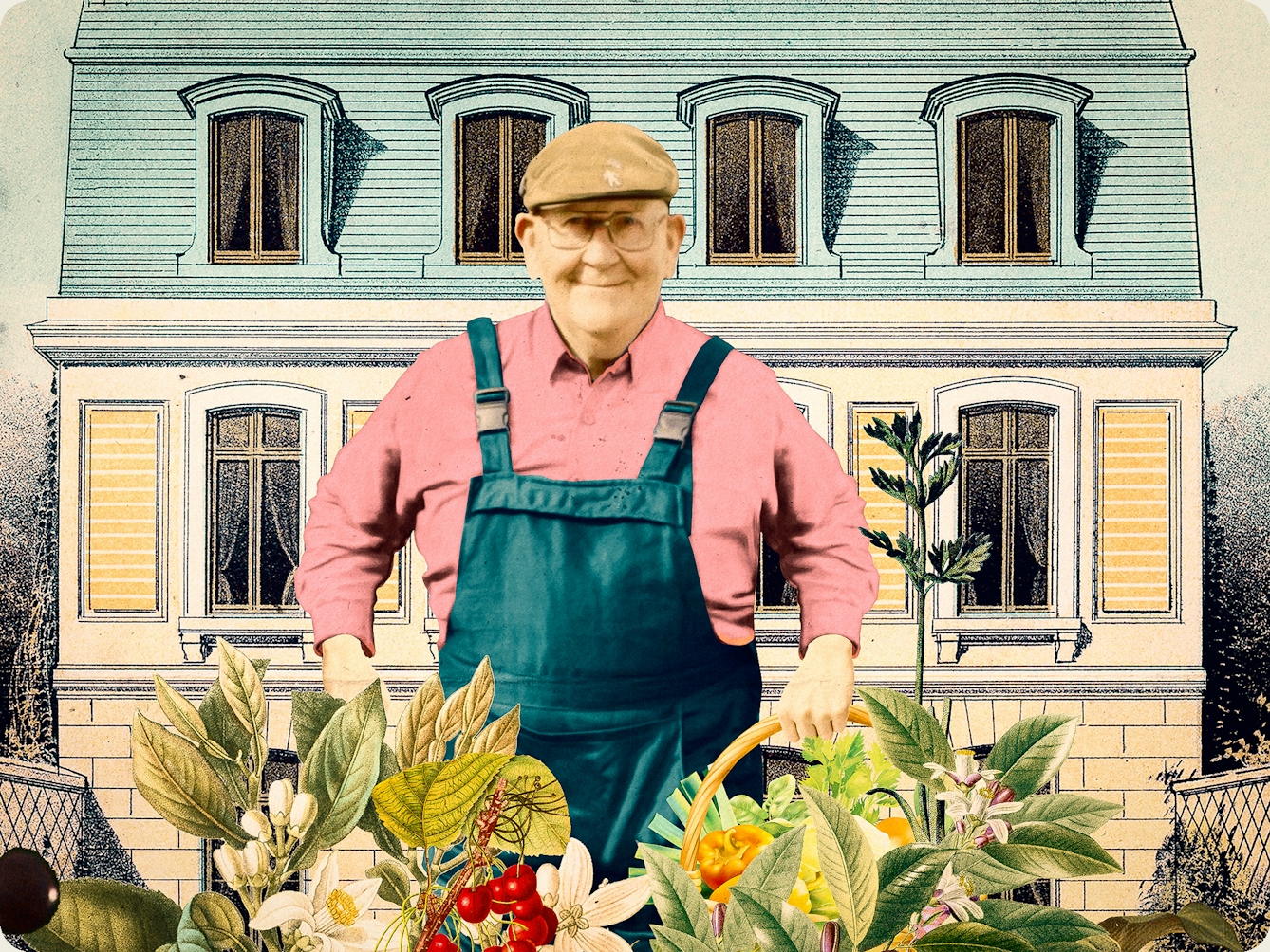Detail from a larger mixed media digital artwork combining found imagery from vintage magazines and books with painted and textured elements. The overall hues are light blues, pinks, creams, greens and yellows. At the centre of the artwork is a photograph of an older man wearing glasses in a flat cap, smiling towards the viewer. He is wearing a pair of blue dungarees and a pink long sleeve collared shirt. Below and in front of his legs is a great collage of fruit and vegetables, flowers and leaves. Behind him in the background is a drawing of a three-storey home. The top floor is in the tiled roof which is tinted blue.