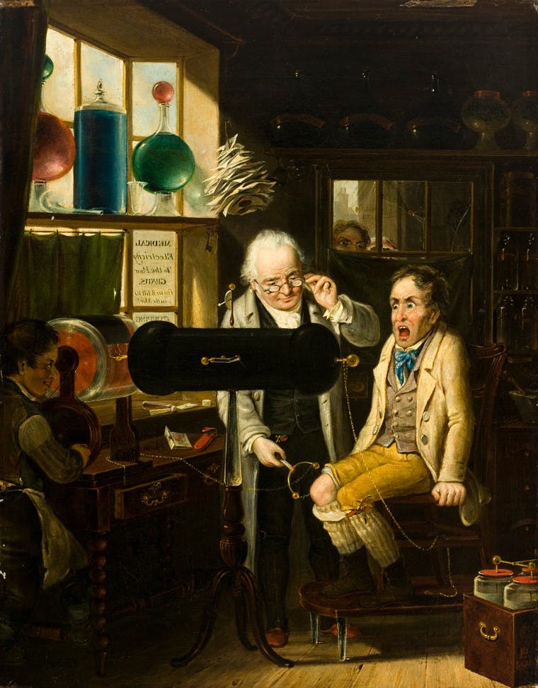 Painting depicting a white-haired man wearing glasses tapping the knee of a seated man with a pronged metal rod. The seated man has a shocked expression.