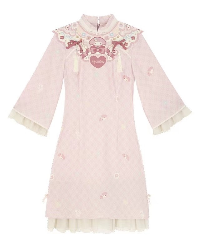 Photograph of a form-fitting pale pink dress with a cloud collar and kawaii (or cute Japanese-style) design elements such as bows and smiling faces and flowers.