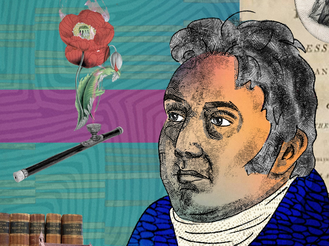A detail from a larger abstract digital illustration featuring two head and shoulders portraits of two males posed back to back, depicting the writer philosopher Samuel Taylor Coleridge on the left and chemist Humphry Davy on the right. On the left side by Coleridge there is a romantic image of a red poppy flower as well as an opium pipe. To the right side by Davy there is an archive image of someone inhaling pain relief gas as part of a medical procedure. 