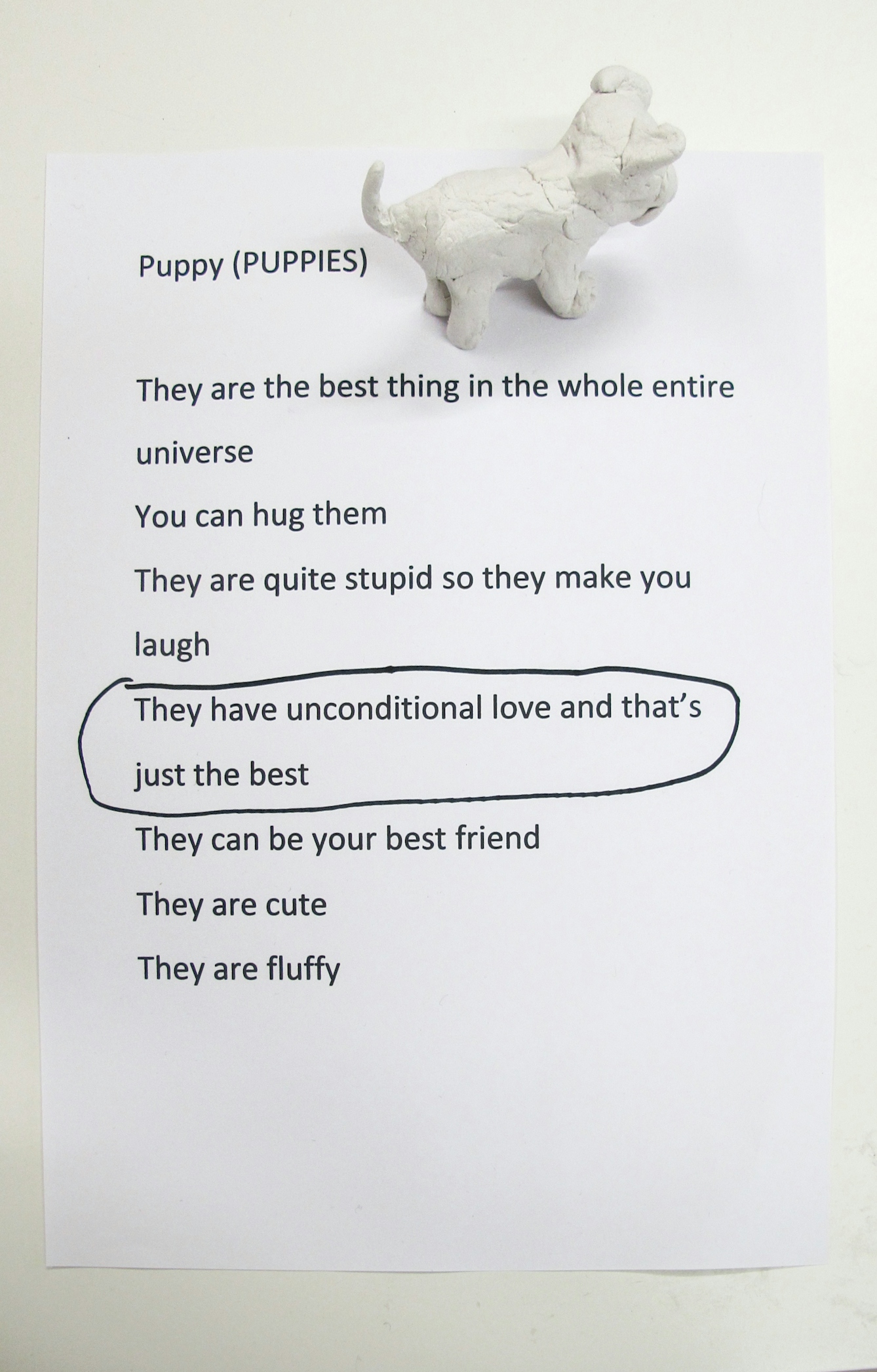 A photograph showing a piece of A4 white paper on a table with the heading Puppy (Puppies) typed in black, as well as a small well formed white clay puppy standing in the top right corner facing out of frame. Below the heading, a list reads: They are the best thing in the whole entire universe; You can hug them; They are quite stupid so they make you laugh; They have unconditional love and that’s just the best; They can be your best friend; They are cute; They are fluffy.  ‘They have unconditional love and that’s just the best’ is circled in black felt tip.