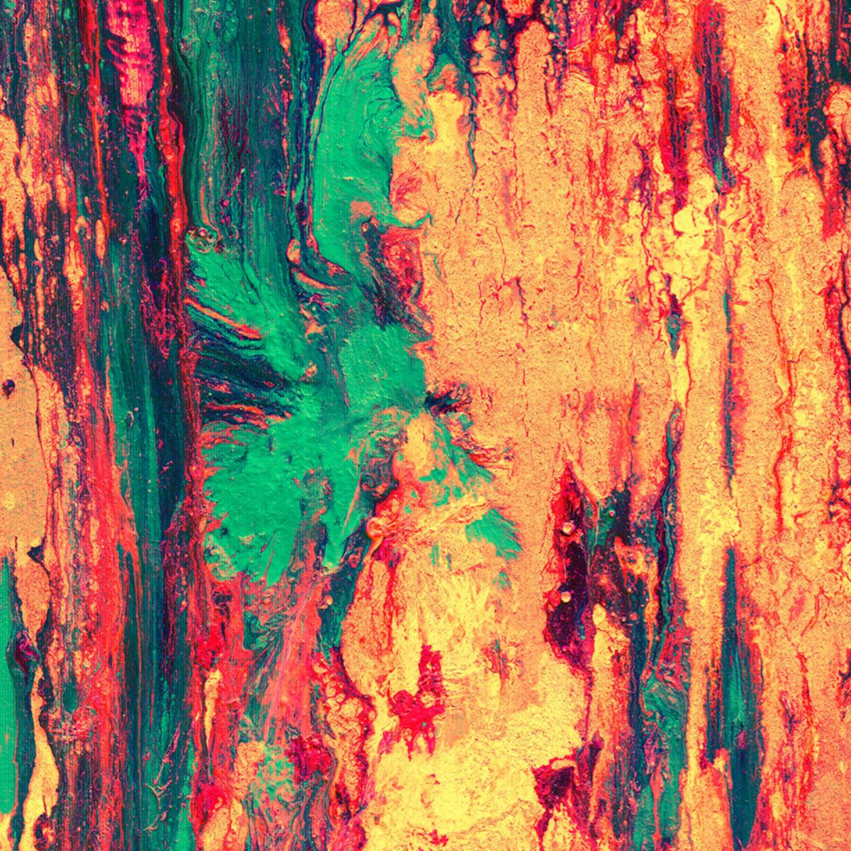 Brightly coloured abstract painting; predominantly red, orange, yellow and green.