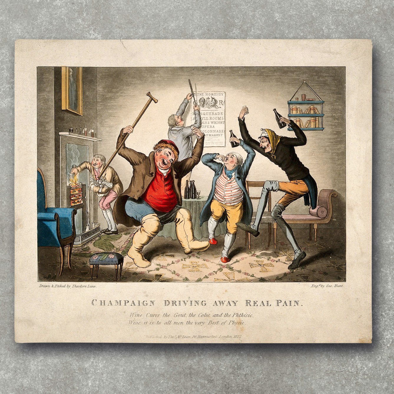 A colour illustration resting on a grey concrete textured background. The illustration shows three men in high spirits and leaping about. Two are holding bottles of beer, one is drinking from a glass. In the background, a man puts fuel on an open fire, while another pins up a poster.