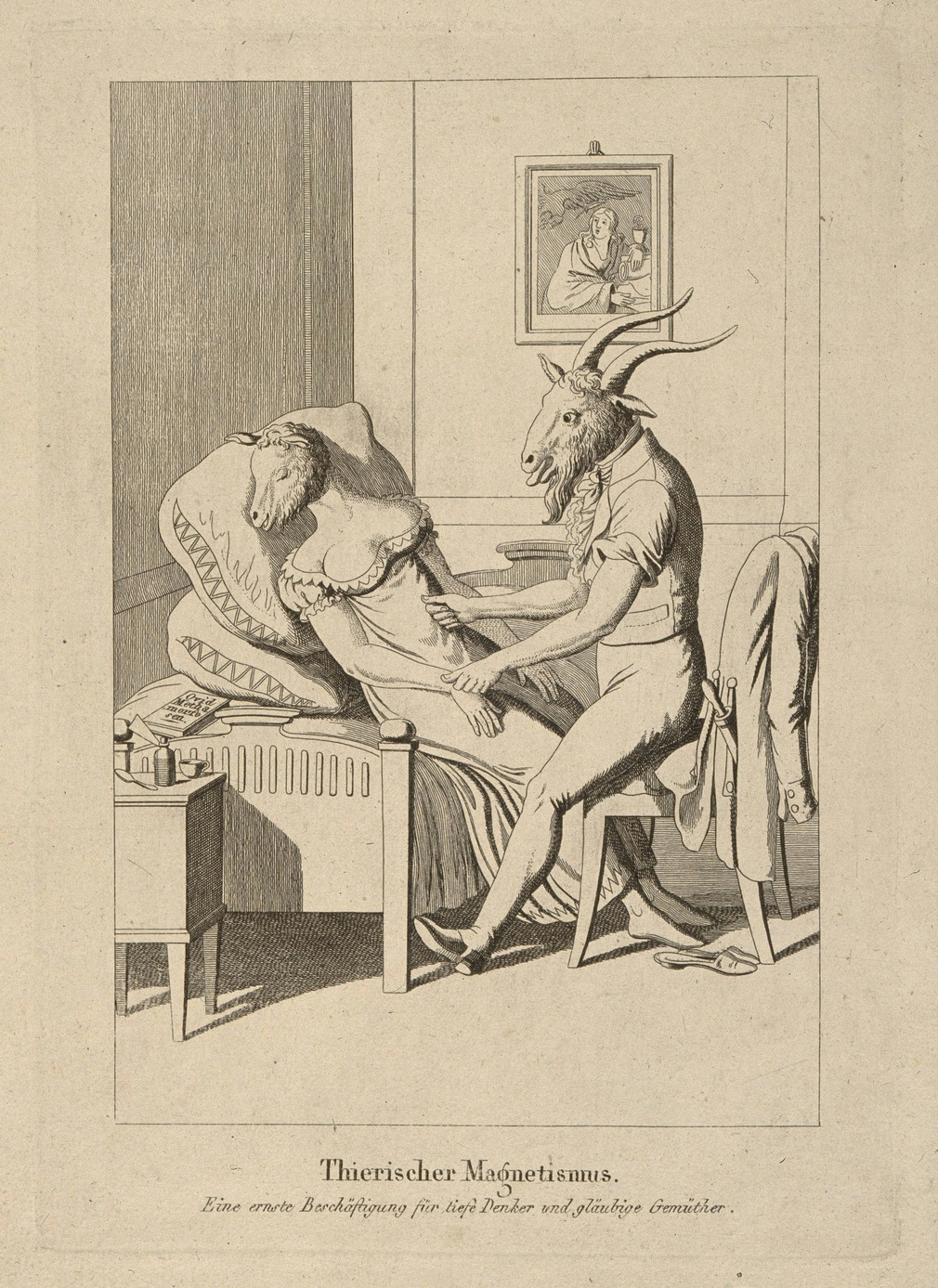 Image of woman with a sheep's head reclining on a coach. A man with a goat's head sits on a chair and leans over her.