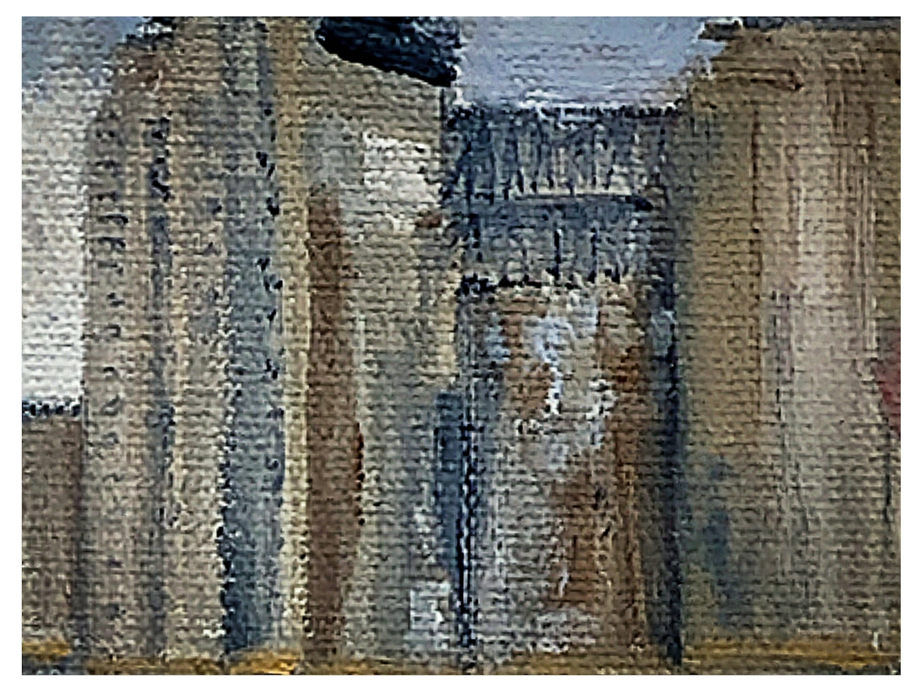 Photograph of a detail of a larger oil on canvas painting. The painting has been created with bold, think, textured brush strokes in a semi-abstract manner. The scene depicted is of Battersea Power Station in London with its distinct tall white chimneys and rectangular brown brick construction. The scene shows the power station after having been decommissioned and shows signs of dilapidation. 